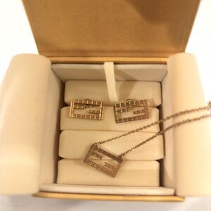 Fendi Baguette Metal Oro Stud Earrings and Necklace